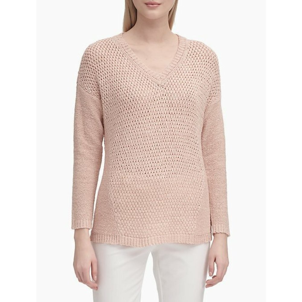 Calvin Klein Women's V-Neck Open Stitch Long Sleeve Top Blush X-Large Size